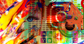 volto di donna su sfondo colorato con loghi social media
